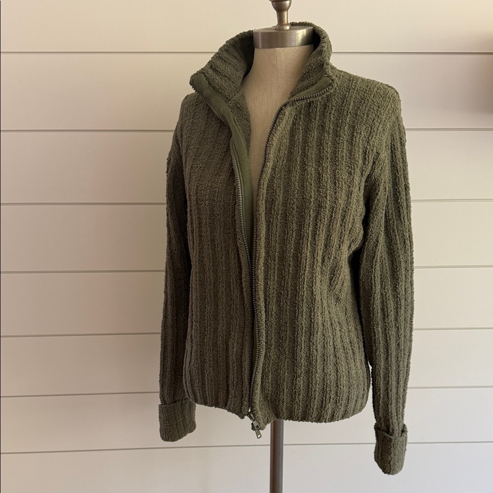 Olive Green Zip-Up Textured Sweater Jacket